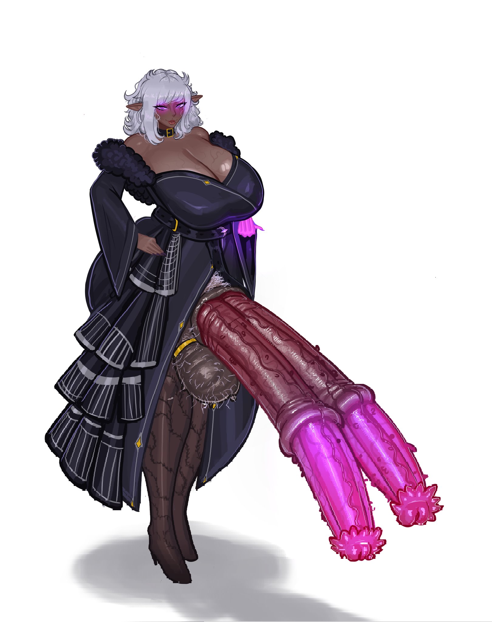 1futa, 2 penises, ball ring, balls, balls ring, ballsack, breasts, cleavage, commission, dark skin, dark-skinned futa, diphallia, diphallism, double penis, futanari, hairy balls, horsecock, horsecock futa, huge balls, huge breasts, huge penis, hyper, hyper penis, lewdcromulo, penis, solo, solo futa, spiked penis, two penises, white background