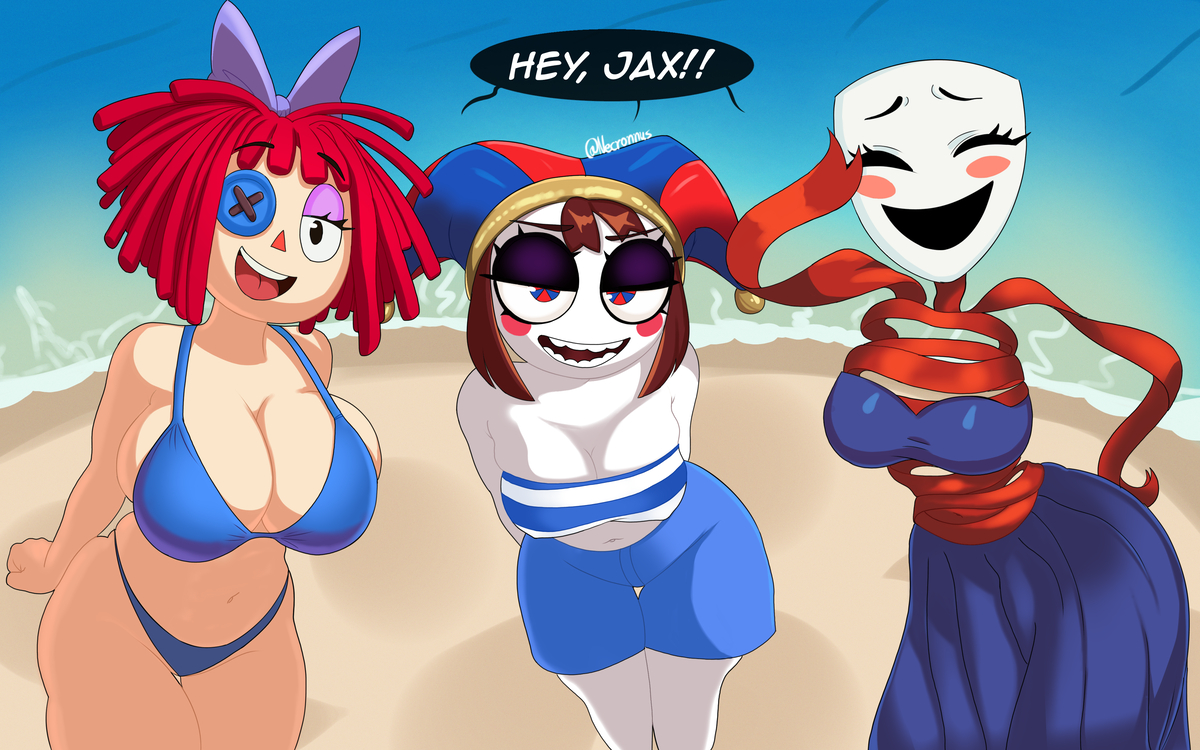 2d, 3girls, beach, breast size difference, breasts, female, female only, gangle (the amazing digital circus), multiple girls, necronnus, pomni (the amazing digital circus), ragatha (the amazing digital circus), tagme, the amazing digital circus