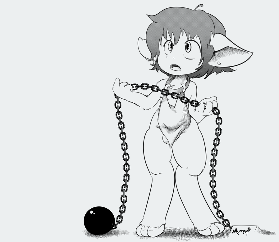 1boy anthro apron ball_and_chain balls big_ears billmurray clothing collar digitigrade greyscale holding_object kalapean lagomorph looking_up male male_only mammal monochrome naked_apron open_mouth signature solo standing vulapa_y_taljeek