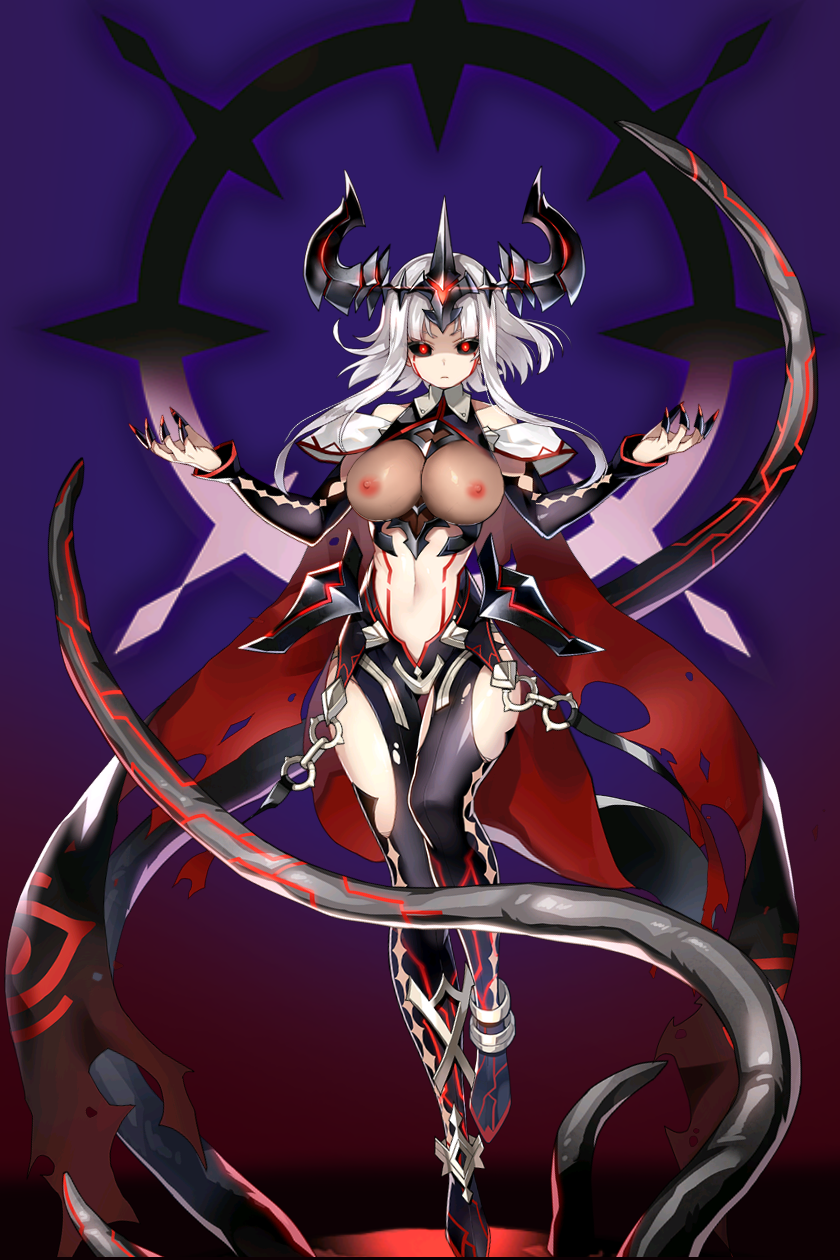 archdemon_mercedes_(epic7) big_breasts demon_girl epic7 final_boss red_eyes see-through topless villain whitehair