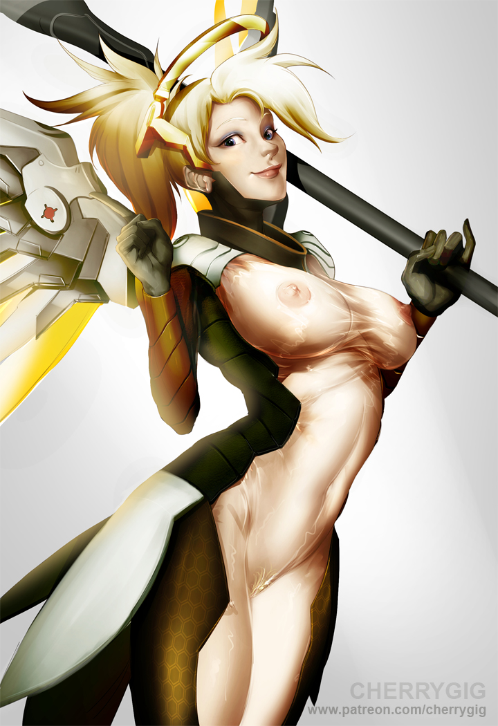 areolae, big breasts, blonde hair, blue eyes, breasts, cherry-gig, female, female only, horny, large breasts, looking at viewer, mercy, nipples, overwatch, solo, transparent clothing