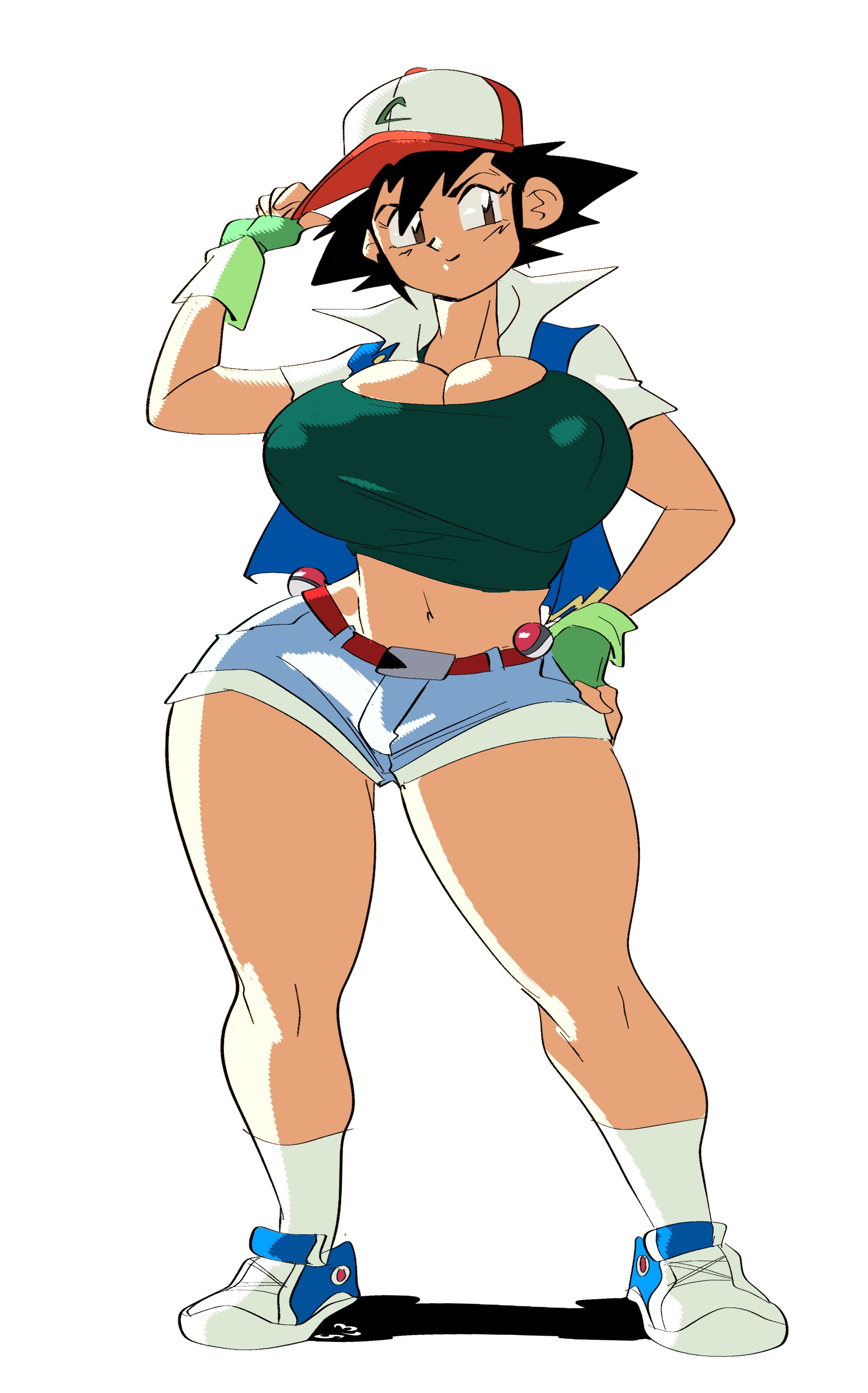 1girls, alternate breast size, big breasts, breasts, cleavage, female, female focus, female only, genderswap, genderswap (mtf), huge breasts, large breasts, massive breasts, nintendo, pokemon, rule 63, satoshi (pokemon), slb, thick thighs, thighs