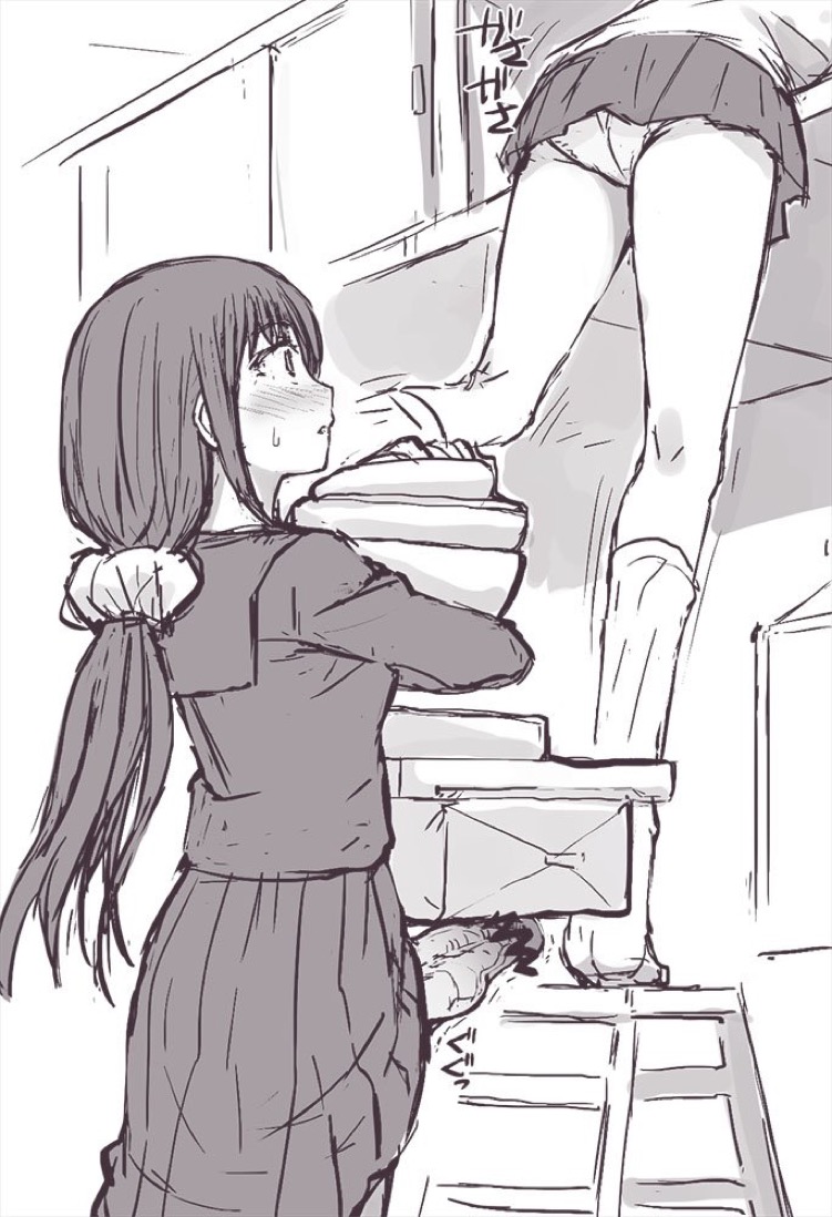 2girls, blush, censored, condessa, erect penis, female, futanari, intersex, long hair, mosaic censoring, multiple females, multiple girls, panties, penis, school uniform, skirt lift, underwear, uniform, upskirt, veiny penis