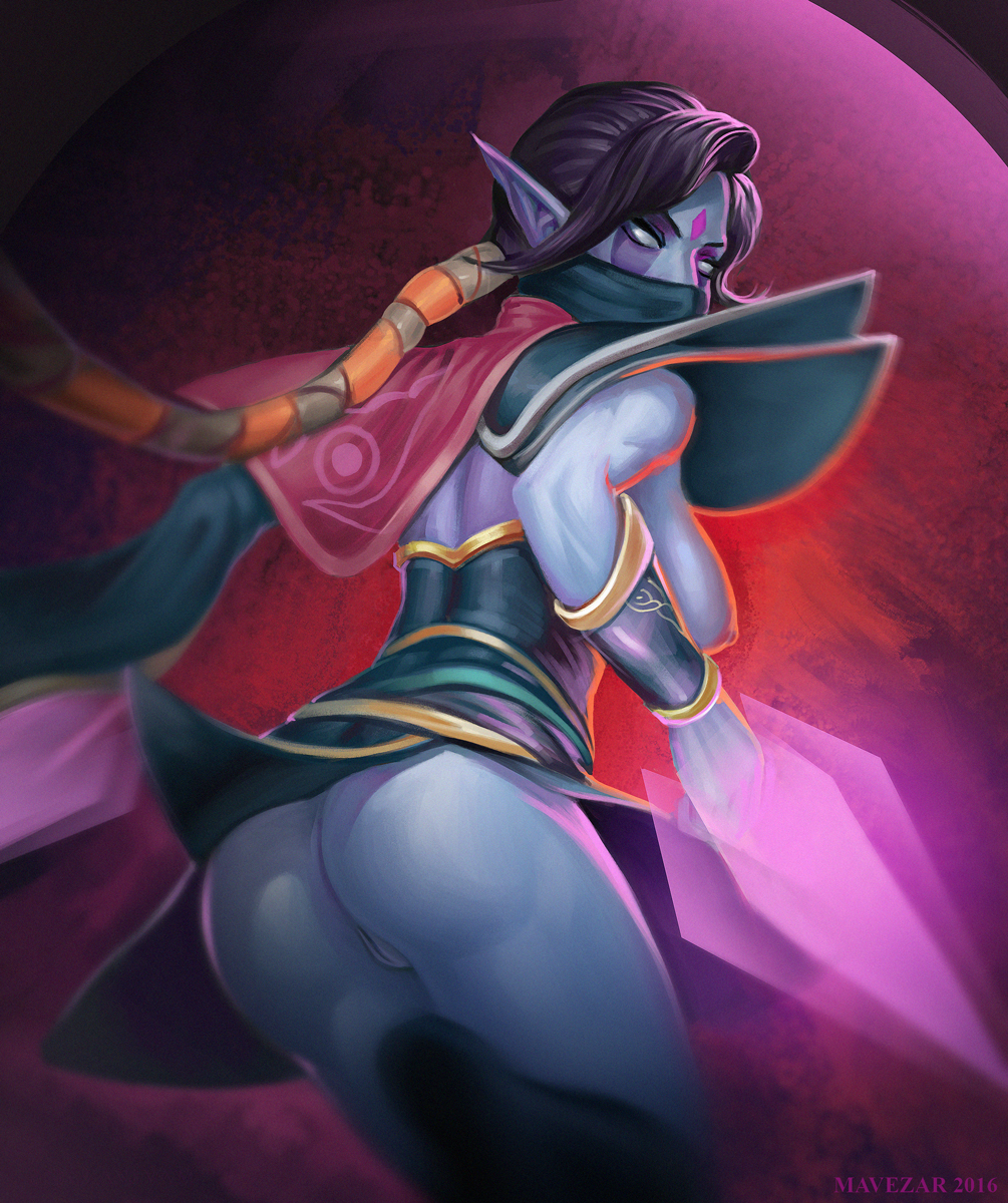 1girls, areolae, ass, blue skin, bottomless skirt, breasts, dota 2, erect nipples, female, female only, large ass, large breasts, looking back, mavezar, nipples, purple hair, pussy, skirt, skirt lift, solo, templar assassin, topless