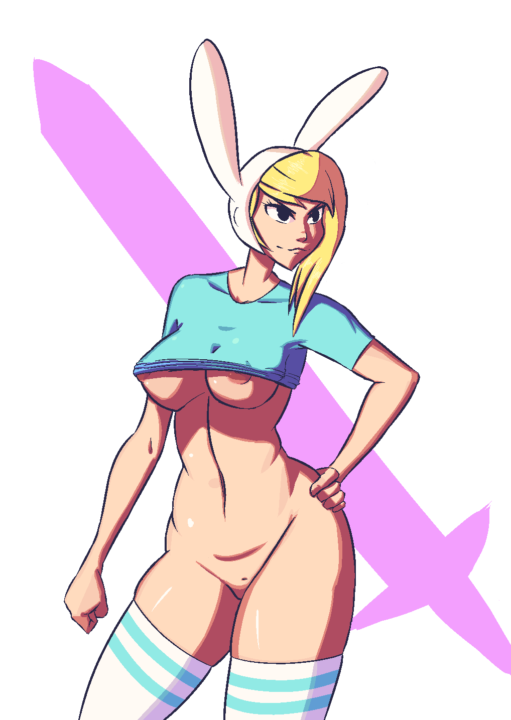 adventure time, aliasing, areola slip, areolae, belly, black eyes, blonde hair, bottomless, breasts, bunny hood, cartoon network, female, fionna the human girl, large breasts, navel, nipples, no bra, no panties, playzholder, rule 63, shirt lift, smile, solo, striped, striped legwear, thick thighs, thighhighs, underboob, wide hips