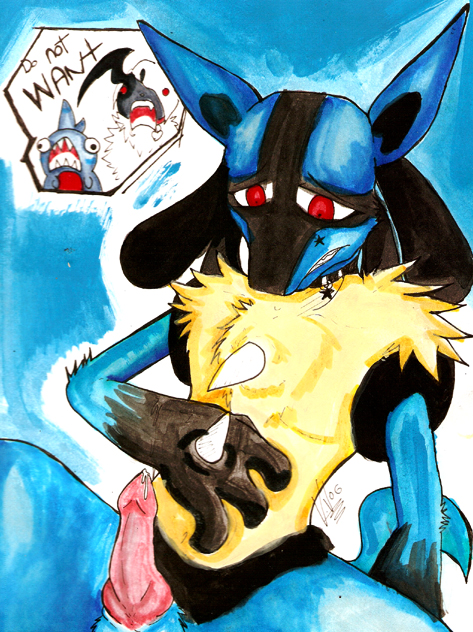 1boy absol anthro artist_signature english_text furry gible lowres lucario male male_only marker_(artwork) nintendo penis pokemon pokemon_(species) pokemon_dppt pokemon_rse precum red_eyes solo_focus tagme traditional_media_(artwork)