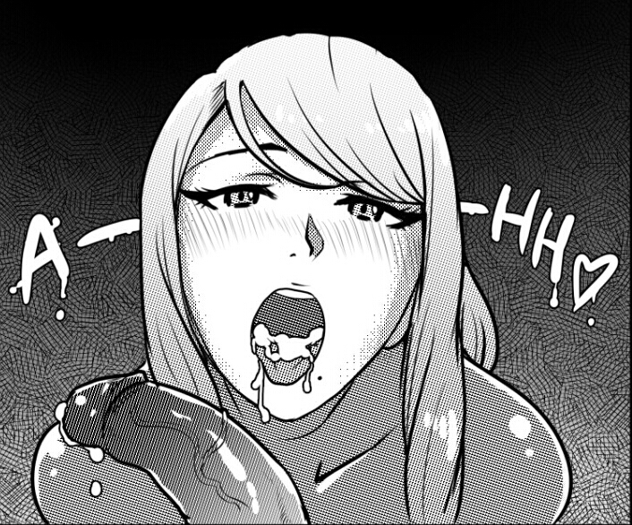 1boy, 1girls, akairiot, beauty mark, bimbo, blush, bodysuit, cum, cum in mouth, faceless male, female, greyscale, male, metroid, monochrome, nintendo, open mouth, penis, ponytail, pov, samus aran, tied hair, zero suit, zero suit samus