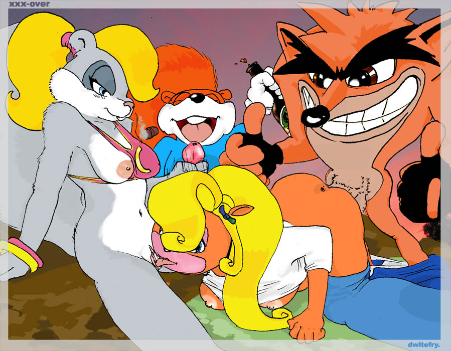 anthro anus ass bandicoot berri big_breasts breasts brother_and_sister chipmunk clothing coco_bandicoot conker conker's_bad_fur_day crash_(series) crash_bandicoot crash_bandicoot_(series) crossover cunnilingus dwitefry hair_over_one_eye incest medium_breasts navel nipples oral penis rareware squirrel straight_hair thumbs_up vulva