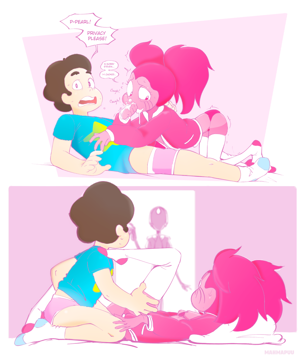 1boy 2girls bedroom before_and_after blowjob caught caught_in_the_act clothing cum_in_mouth embarrassed fellatio female gem_(species) genital_fluids mahmapuu male pearl_(steven_universe) pink_hair sex simple_background spinel_(steven_universe) steven_quartz_universe steven_universe steven_universe:_the_movie thighsocks