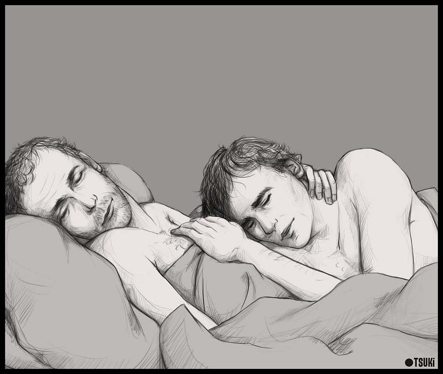 actor bed bedroom caucasian caucasian_male celebrity cuddling gregory_house house_(series) hugh_laurie in_character james_wilson male_only pillow robert_sean_leonard sheet sleeping tsuki_(artist)