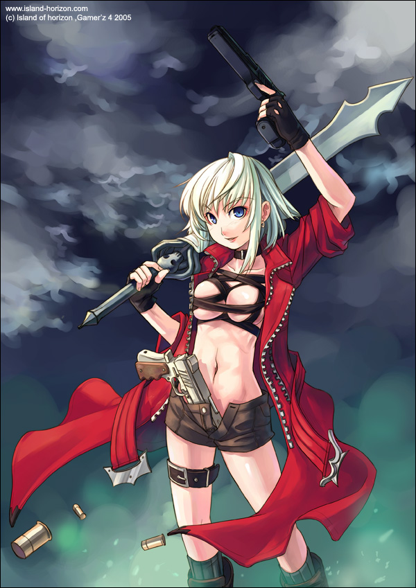 beige_skin blue_eyes breasts coat color dante devil_may_cry ear_piercing female female_only fingerless_gloves front_view gloves gun holding_gun holding_sword navel open_clothes outdoors overhand_grip piercing pistol rebellion_(sword) round_ears rule_63 shorts smile solo standing sword weapon white_hair