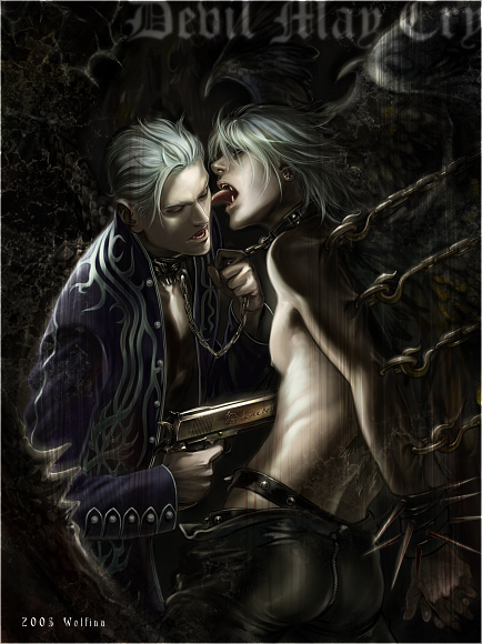 2boys brothers chains dante devil_may_cry fangs gun guro incest licking male multiple_boys open_mouth piercing shirtless siblings vergil virgil weapon wolfina yaoi