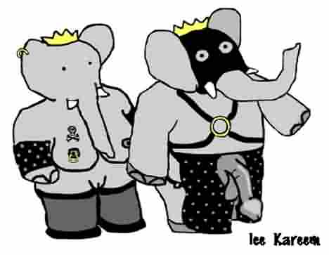 1boy 1girls anthro anthro_only babar babar_the_elephant celeste elephant female furry gimp_mask leather lee_kareem nipple_piercing no_humans penis tattoo tusks white_background