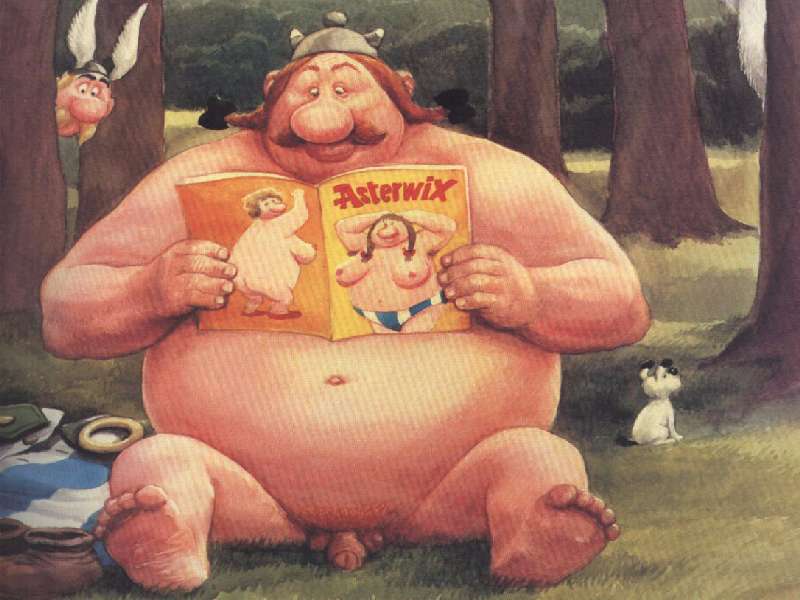 2boys asterix asterix_and_obelix dogmatix foreskin glans human human_only male male_only manfred_deix nude obelix obese obese_male overweight overweight_male partially_retracted_foreskin penis pornography reading reading_pornography straight uncut