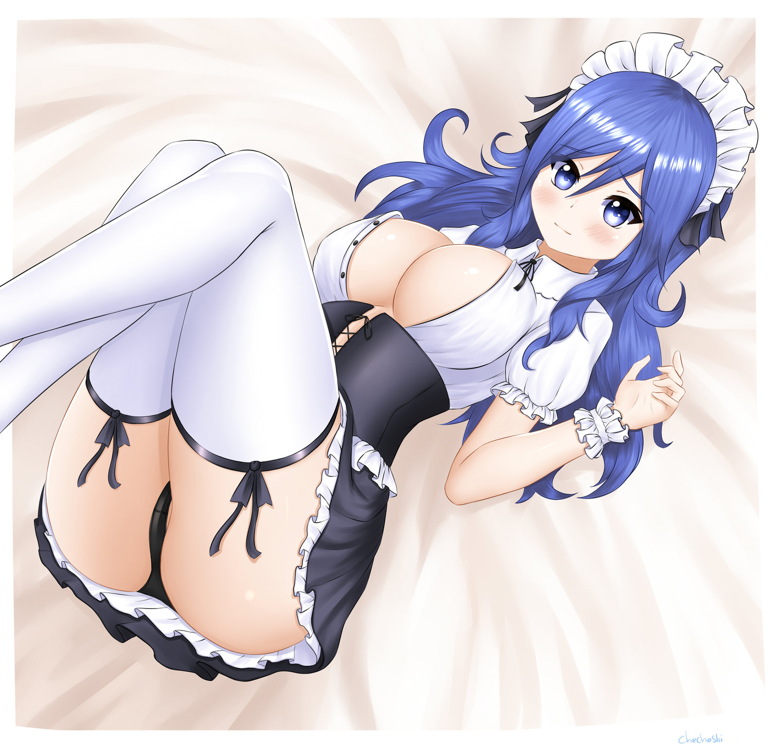 1girls, black panties, blue hair, blue-haired female, chechoski, fairy tail, female, juvia lockser, maid, microskirt, panties, skirt, solo, thighhighs, upskirt