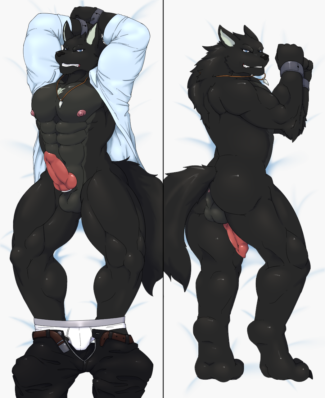 1boy 4_toes 5_fingers abs animal_genitalia animal_penis anthro anus ass backsack balls belt biceps big_muscles black_fur black_nose blue_eyes canine canine_penis claws cock_ring croiyan dakimakura dakimakura_design digitigrade erection fur furry grey_fur grin handcuffs highres jewelry knot looking_at_viewer lying male male_only mammal multicolored_fur muscular necklace nipples nude open_clothes open_shirt pants_down partially_clothed pecs penis perineum pink_nipples shackles shirt solo sonic_wolfe toe_claws toes triceps two_tone_fur underwear underwear_down wolf