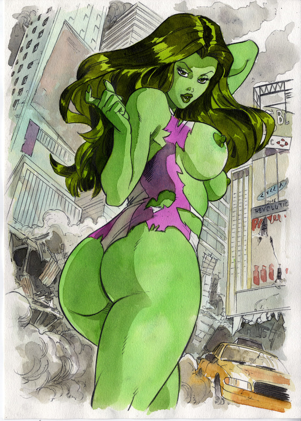 1girls, ass, avengers, big ass, big breasts, breasts, cuccadesign, female, female only, green eyes, green hair, green skin, hips, hulk (series), large breasts, leotard, lips, long hair, marvel, marvel comics, nipples, rear view, she-hulk, solo, tagme, thighs, torn clothing