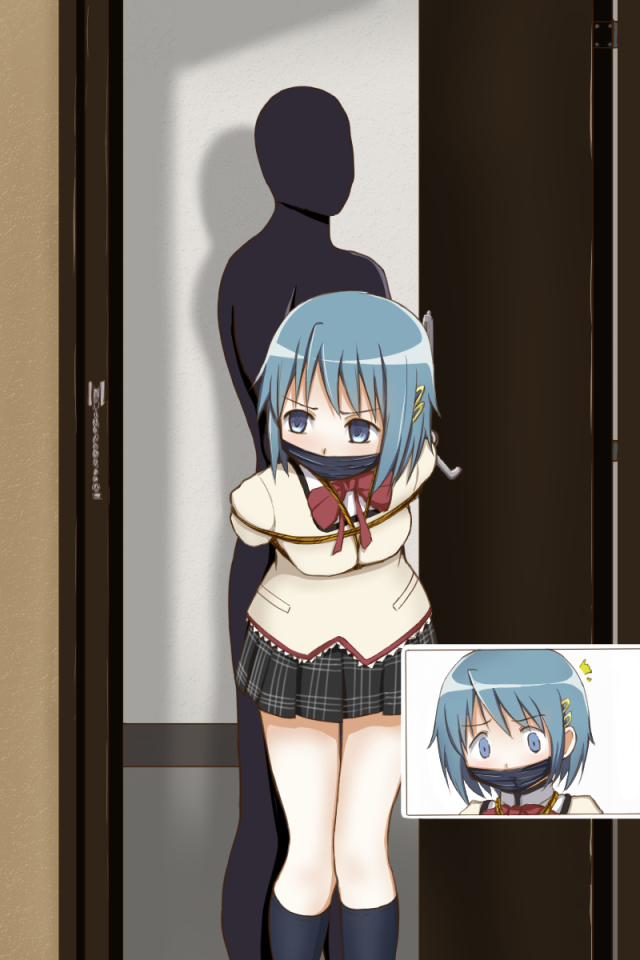 1boy arms_behind_back blue_eyes blue_hair bondage bondage bound bow female femuto gag gagged hairclip mahou_shoujo_madoka_magica miki_sayaka restrained rope school_uniform short_hair skirt tied_up