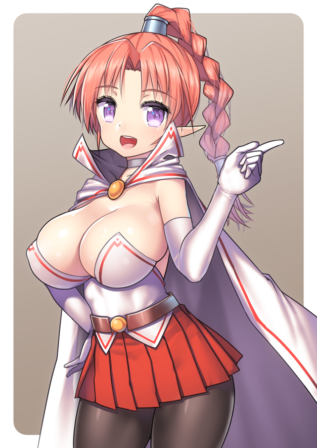 1futa blush braid breasts cape chrono_trigger cleavage collar earrings elbow_gloves flea futa_only futanari gloves hand_on_hip intersex jewelry long_hair nagase_haruhito open_mouth pink_hair pointy_ears ponytail purple_eyes single_braid smile solo tied_hair