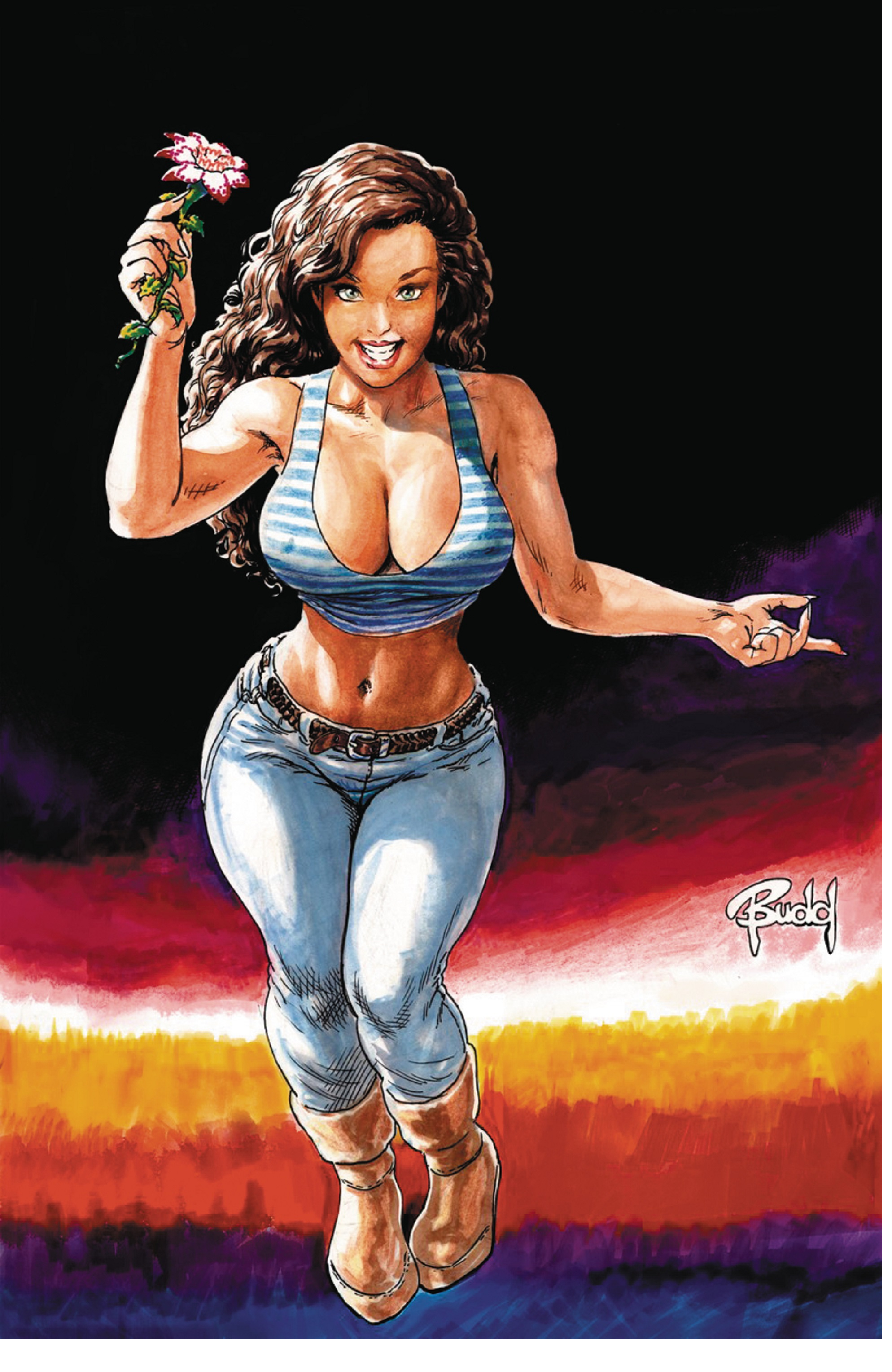 basement comics, big breasts, breasts, budd root, busty, cavewoman, cleavage, curvaceous, female, flower, huge breasts, large breasts, looking at viewer, meriem cooper, midriff, smile