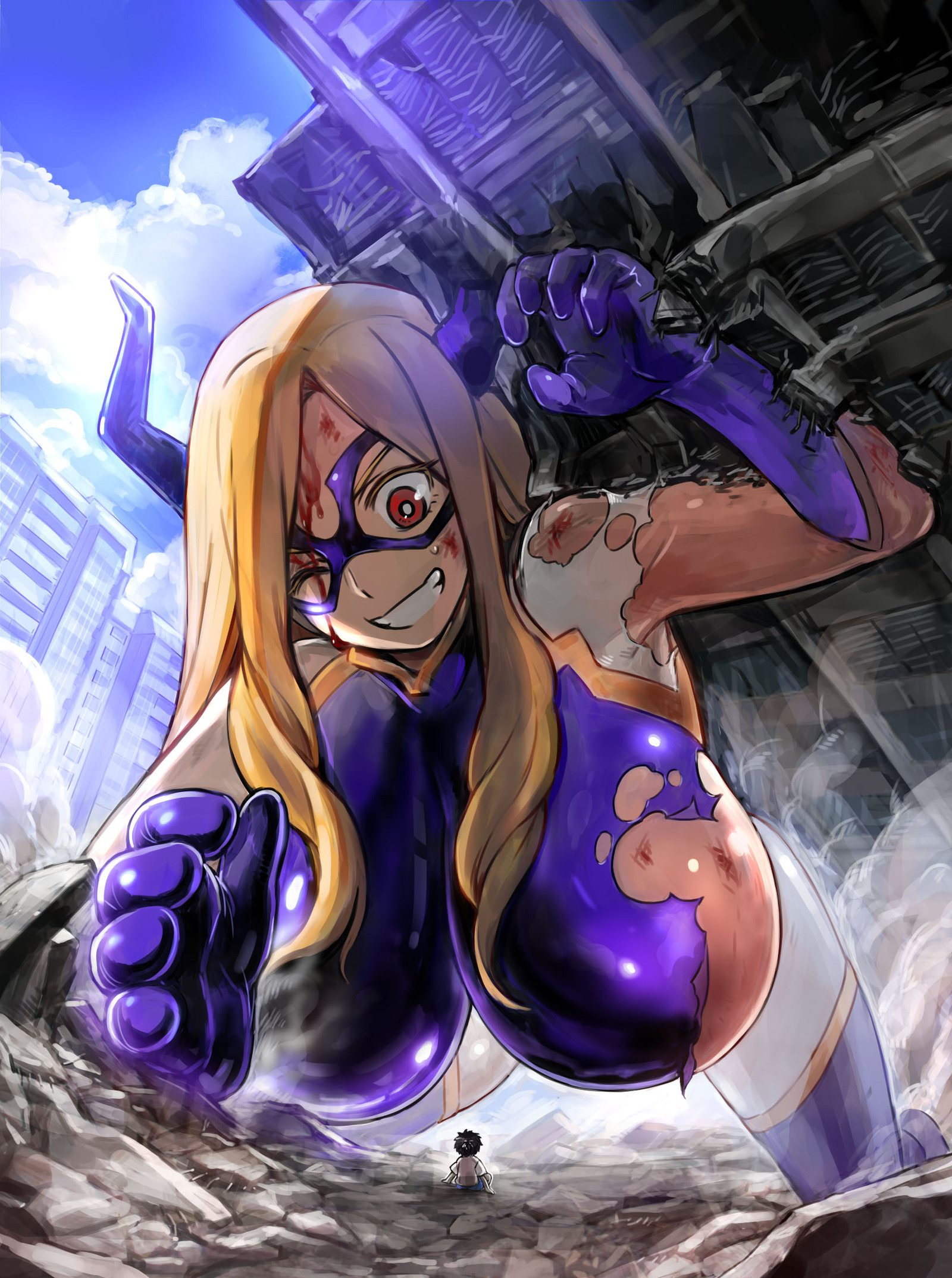 1girls, 1other, 774 (nanashi), all fours, ambiguous gender, armpits, blonde hair, blood, blue legwear, bodysuit, breasts, building, city, clenched teeth, cloud, day, female, female focus, giant, giantess, gigantic breasts, gloves, hand, horn, horns, injury, large breasts, legwear, light skin, light-skinned female, long hair, looking at another, looking down, mount lady, my hero academia, one eye closed, powers, purple gloves, questionable, quirk (mha), red eyes, saving life, sfw, sky, superheroine, torn clothes, very long hair, wink, yuu takeyama