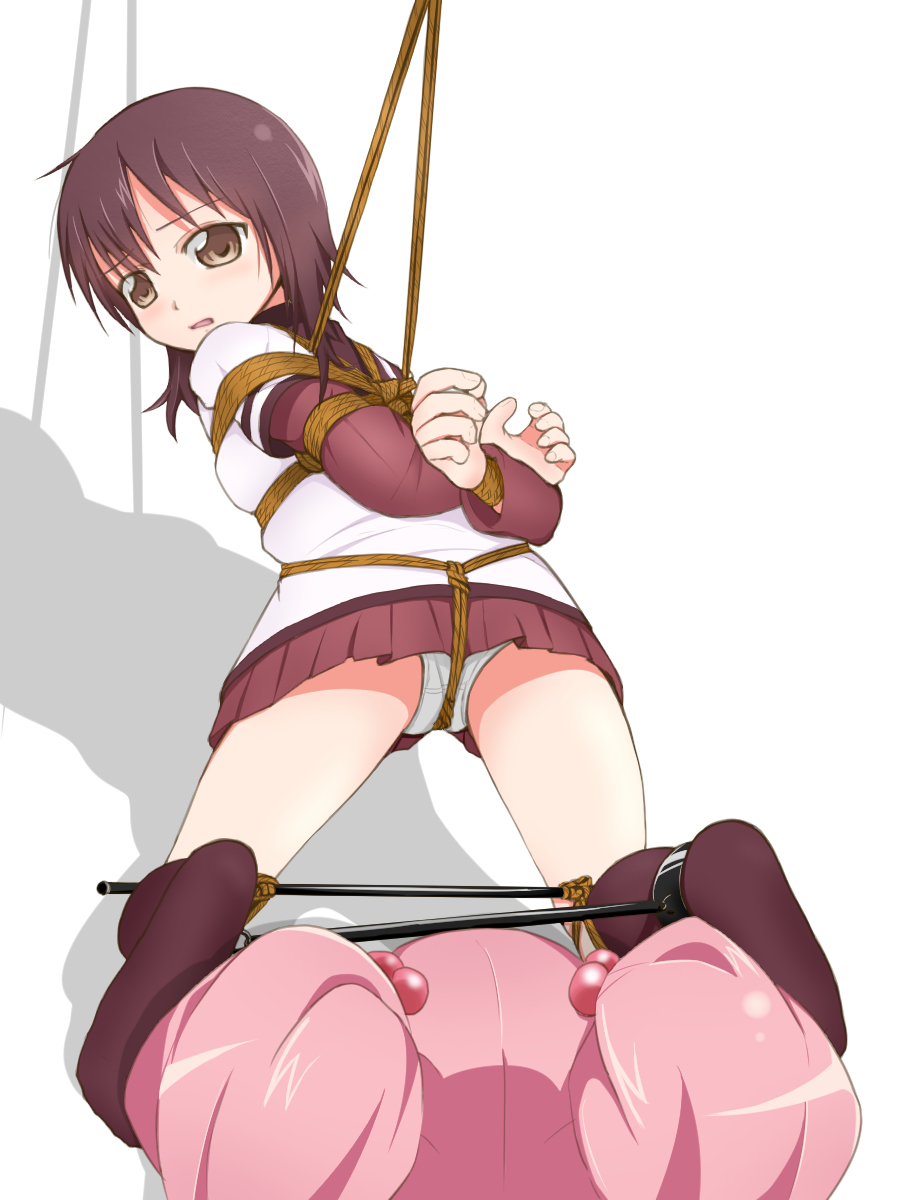 2girls arms_behind_back black_hair bondage bound clothing crotch_rope femuto funami_yui hair_bobbles hair_ornament multiple_girls open_mouth panties pink_hair restrained rope school_uniform skirt tied_up underwear yoshikawa_chinatsu yuru_yuri