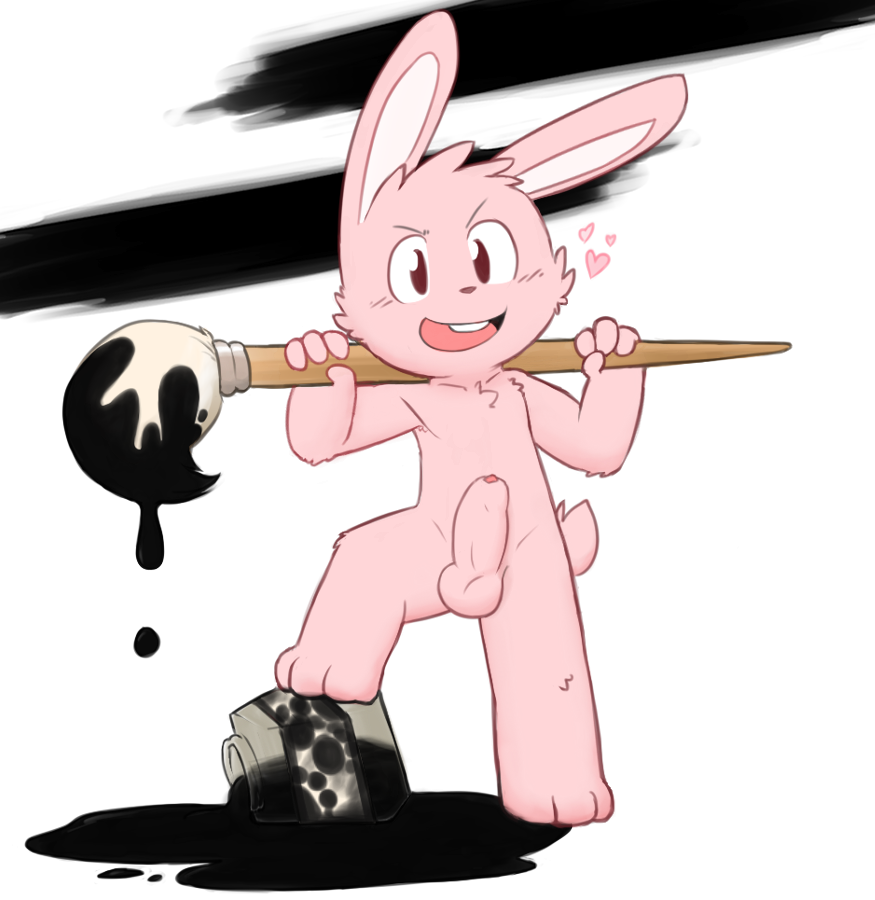 anthro armpits balls brush buckteeth erection fur heart ink inkbunny_(character) lagomorph male male_only mammal nude oob open_mouth penis penis_tip pink_fur teeth