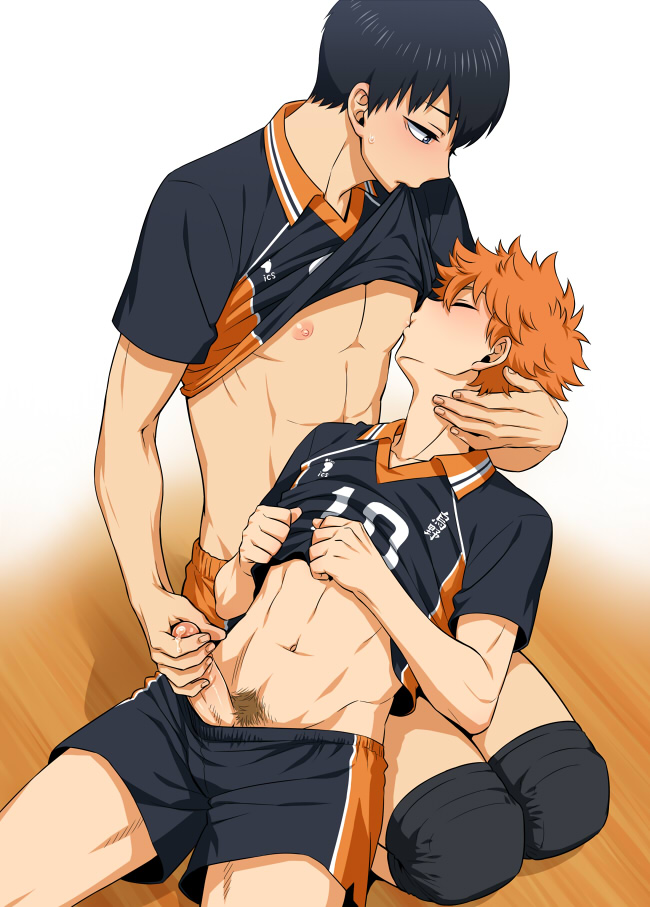 2boys abs black_hair blush blushing closed_eyes colored erection gay gay_sex haikyuu!! hand_on_penis handjob human inukkoro kneeguard lean_muscle lying lying_on_person male male/male male_nipples male_only male_pubic_hair muscles muscular_male nipple_sucking orange_hair partially_clothed pecs penis penis_out shirt_lift shorts shoyo_hinata sitting smooth_penis soccer_uniform sport sports_uniform sportswear sucking sweat tobio_kageyama undressing yaoi