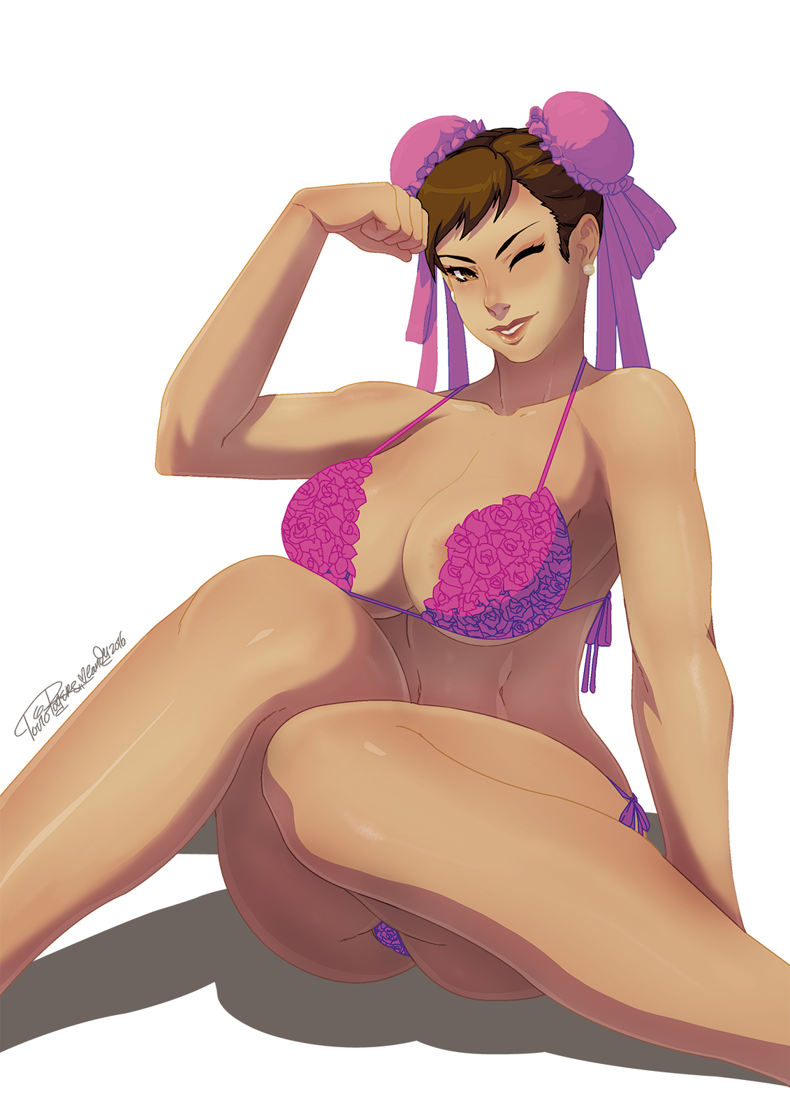 1girls, asian, bare shoulders, big breasts, bra, breasts, brown eyes, brown hair, capcom, chun-li, color, colored, earrings, female, female only, human, large breasts, lingerie, mammal, navel, smile, solo, street fighter, tovio rogers, white background, wink