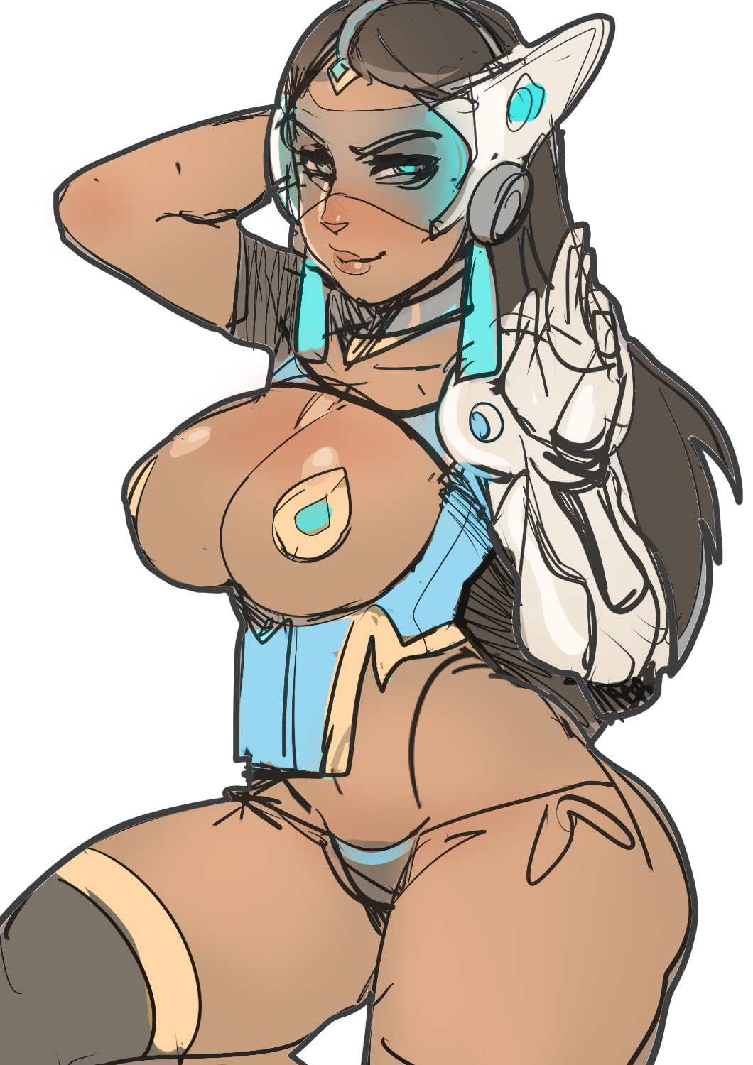 2d, adapted costume, black hair, black legwear, black panties, blue eyes, blue-tinted eyewear, breasts, brown hair, cleavage, curvy, cyborg, dark skin, dark-skinned female, female, forehead jewel, goggles, highres, large breasts, lips, long hair, looking at viewer, maniacpaint, mechanical arm, overwatch, panties, pasties, side-tie panties, simple background, sketch, smile, solo, symmetra, thick thighs, thighhighs, tinted eyewear, underwear, visor, visor (eyewear), visor glasses, waving, wide hips