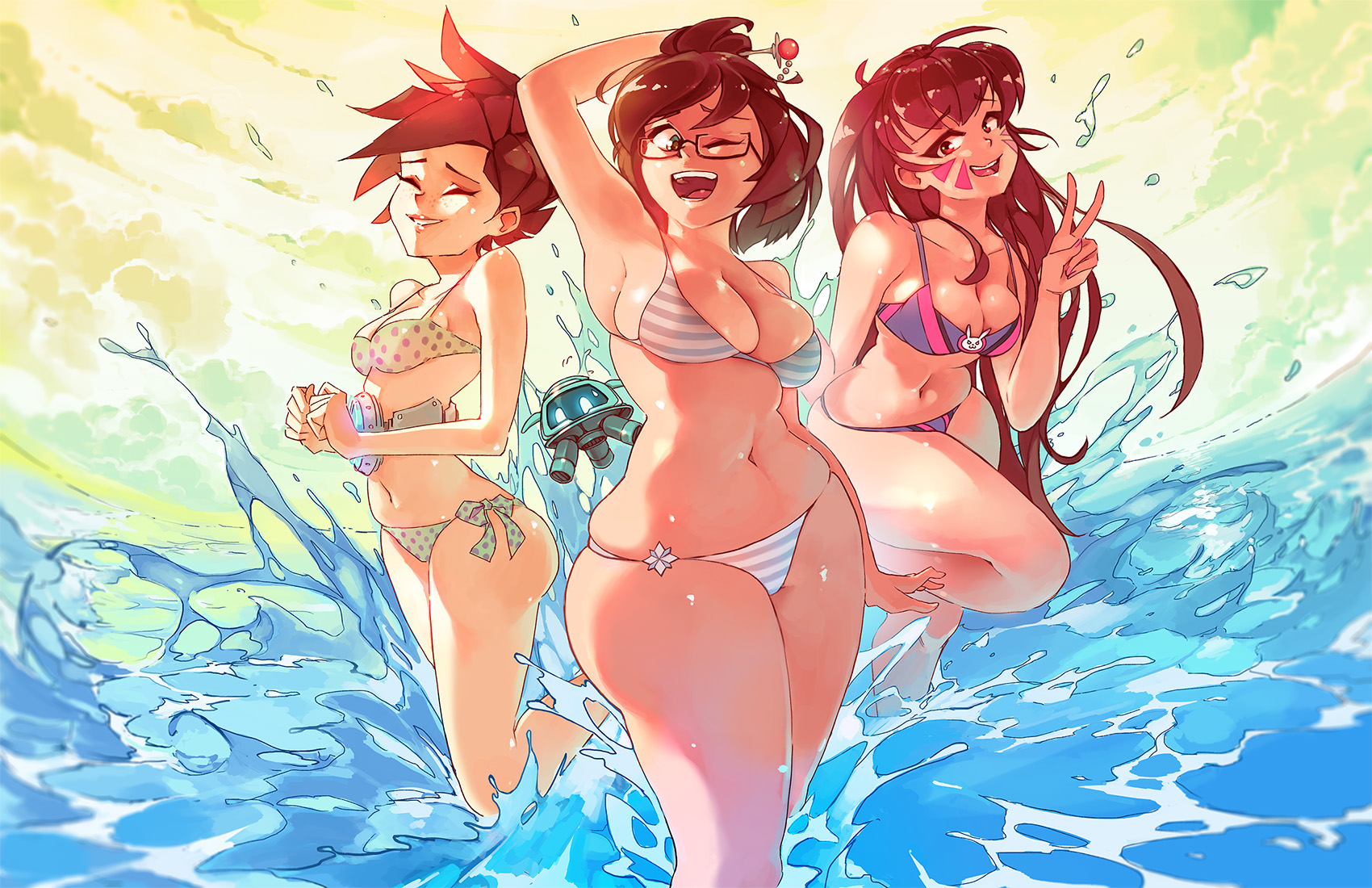 ;d, 3girls, ahoge, arm behind back, arm behind head, arm up, armpit, armpits, arms, ass, bangs, bare arms, bare legs, bare midriff, bare shoulders, beach, bikini, blizzard entertainment, breasts, brown eyes, brown hair, cleavage, closed eyes, cloud, cloudy sky, collarbone, cowboy shot, curvy, cute, d.va, drone, facepaint, facial mark, female, female only, fingernails, floating, freckles, glasses, hair bun, hair ornament, hair stick, hand up, happy, harness, highres, hips, large breasts, leg up, legs, lips, long fingernails, long hair, looking at viewer, machinery, medium breasts, mei (overwatch), midriff, multiple females, multiple girls, nail polish, narrow shoulders, navel, ocean, one eye closed, open mouth, overwatch, partially submerged, pink lips, pink nails, plump, polka dot, polka dot bikini, robot, rtil, short hair, side-tie bikini, skindentation, sky, small breasts, smile, snowball (overwatch), splashing, standing, standing on one leg, stomach, strap gap, string bikini, striped, striped bikini, swept bangs, swimsuit, teeth, thick, thick legs, thick thighs, thin arms, thin waist, tongue, tracer, v, very long hair, water, whisker markings, wide hips, wink