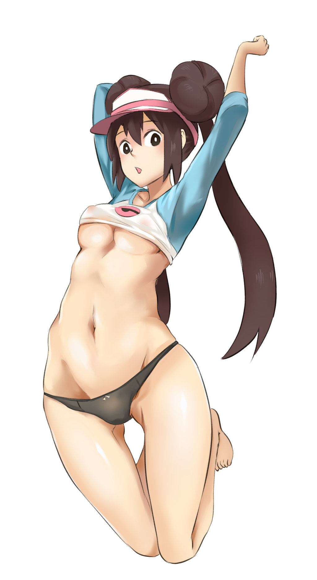 1girls arms_up black_panties bow_panties breasts brown_eyes brown_hair feet female human long_hair looking_at_viewer navel open_mouth panties pokemon pokemon_bw2 reversein rosa_(pokemon) shirt solo tied_hair toes twintails underboob white_background