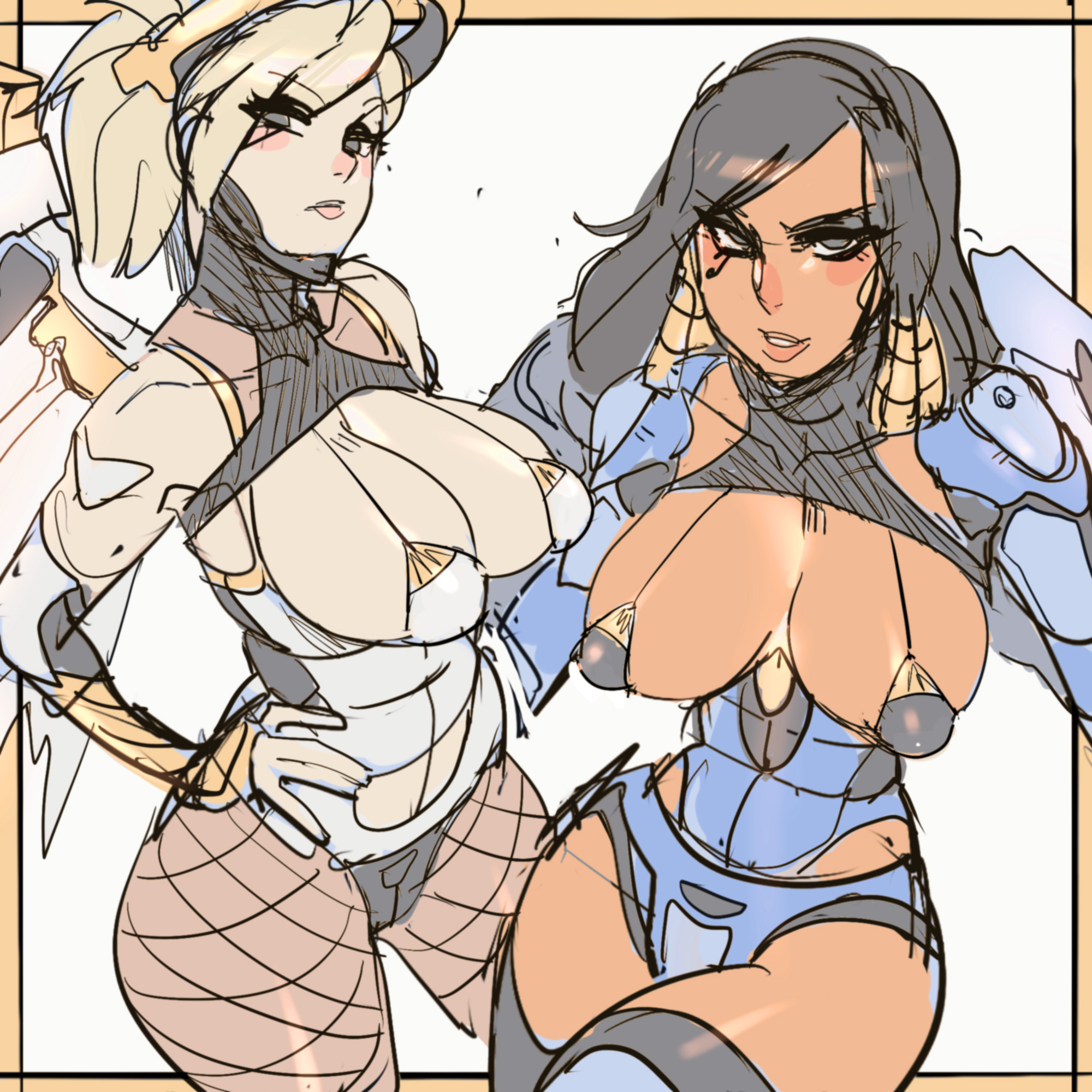 2girls, adapted costume, black hair, blonde hair, breasts, cleavage, dark skin, facial tattoo, female, fishnet pantyhose, fishnets, highres, large breasts, maniacpaint, mechanical halo, mechanical wings, mercy, micro bikini top, multiple females, multiple girls, overwatch, pantyhose, pharah, power armor, sketch, tattoo, thighhighs, wings