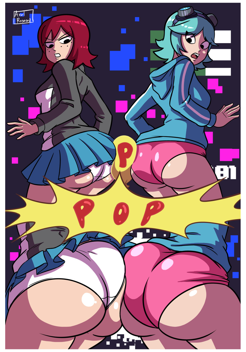 2girls ass axel-rosered big_butt blue_hair breasts bubble_butt buruma butt butt_expansion butt_to_butt dat_ass female female_only hair huge_butt kim_pine multiple_girls panties pawg ramona_flowers red_hair scott_pilgrim white_panties