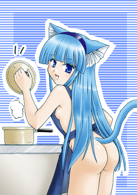 :d animal_ears apron ass backboob bangs blue_background blue_eyes blue_hair blunt_bangs breasts female hairband long_hair looking_at_viewer looking_back naked_apron nipple_slip nipples open_mouth rice rice_cooker sideboob simple_background solo tail