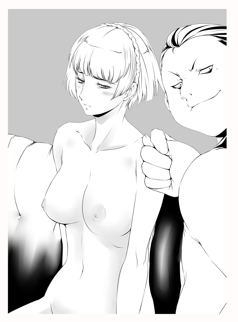 1boy blush braid breasts clothed_male_nude_female collarbone fat female greyscale half-closed_eyes highres looking_back monochrome navel nipples nude short_hair tied_hair tuna21