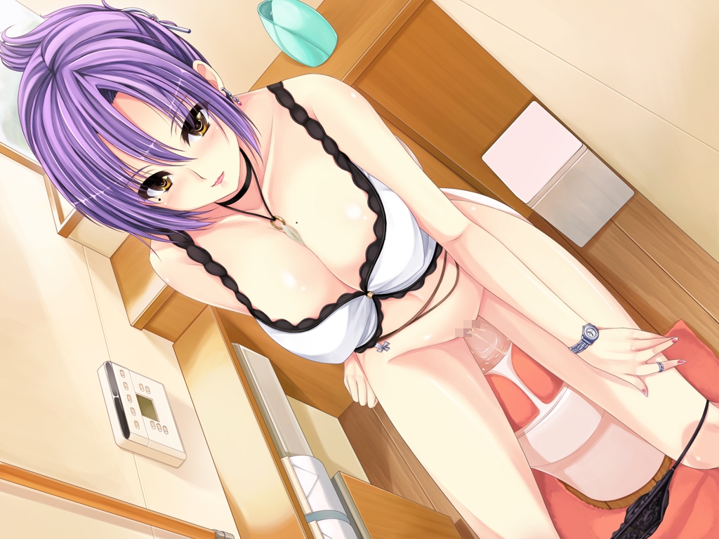 black_panties blush bra breasts censored chu_shite_agechau cleavage dutch_angle earrings female game_cg indoors jewelry large_breasts looking_at_viewer milf mole mole_under_eye mosaic_censoring panties panty_pull peeing pendant ponytail purple_hair pussy ring short_hair smile solo tachibana_kimika_(chu_shite_agechau) tied_hair toilet toilet_paper toilet_use trash_can underwear uni8 urine watch white_bra wooden_floor yellow_eyes