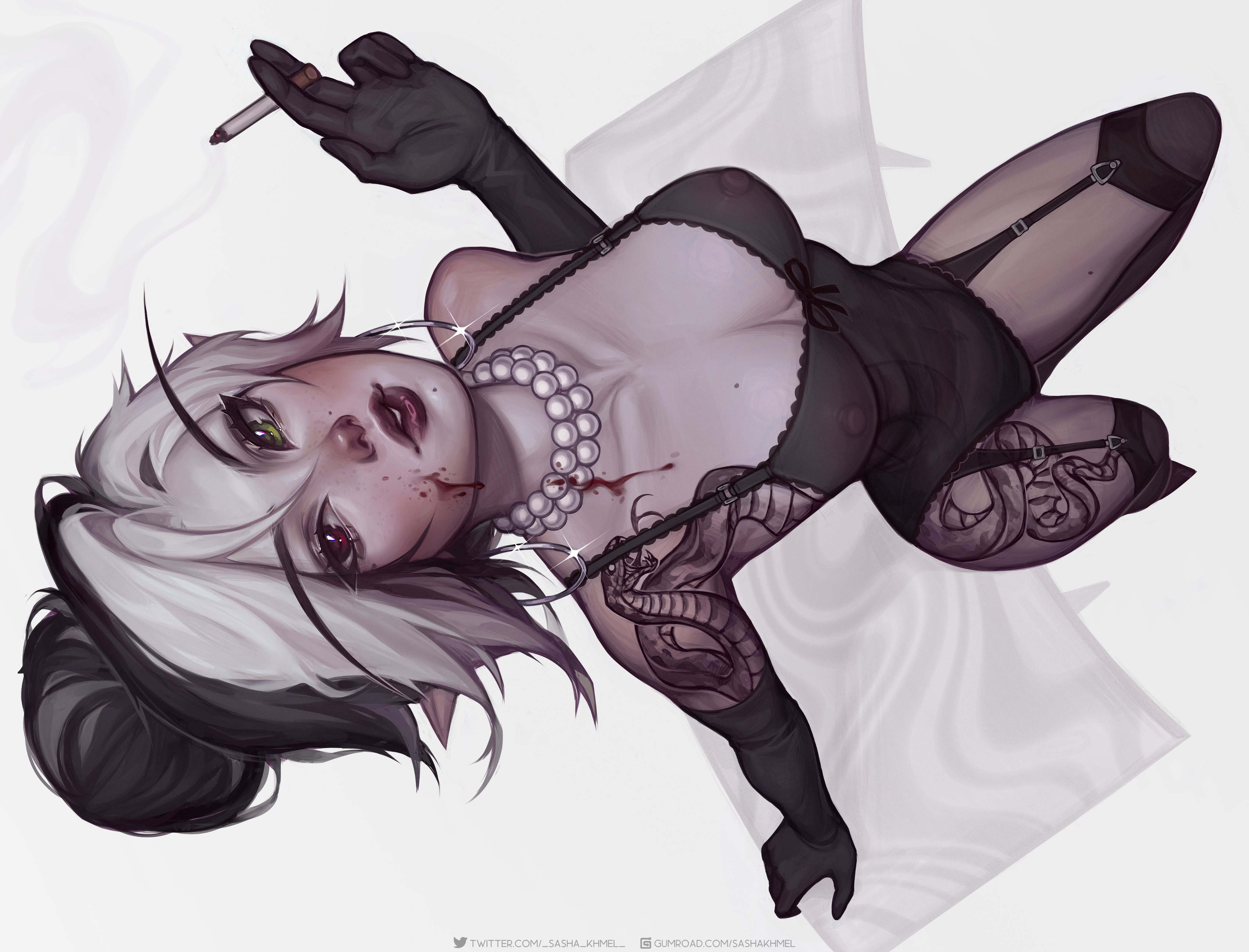 1girls, absurd res, arm gloves, black hair, blood, blood on face, cigarette, earrings, elf, elf ears, elf female, female, female only, garter straps, green eyes, heterochromia, light skin, light-skinned female, lingerie, long eyebrows, looking at viewer, nipples, nipples visible through clothing, original, pearl necklace, pointy ears, red eyes, sasha khmel, see-through, see-through clothing, sitting, solo, solo focus, stockings, tattoo, tattooed arm, tattooed leg, tied hair, two-tone hair, viewed from above, white background, white hair, zoelie (sasha khmel)