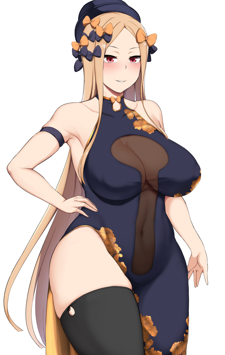 1girls abigail_williams_(fate/grand_order) aged_up big_breasts black_thigh_highs black_thighhighs breasts cheongsam curvy dantes_ward fate/grand_order fate_(series) female grown_up hair_ornament hair_ribbon hand_on_hip long_hair mature_female orange_hair red_eyes smile sole_female standing thick_thighs thigh_highs thighhighs torn_thighhighs voluptuous white_background