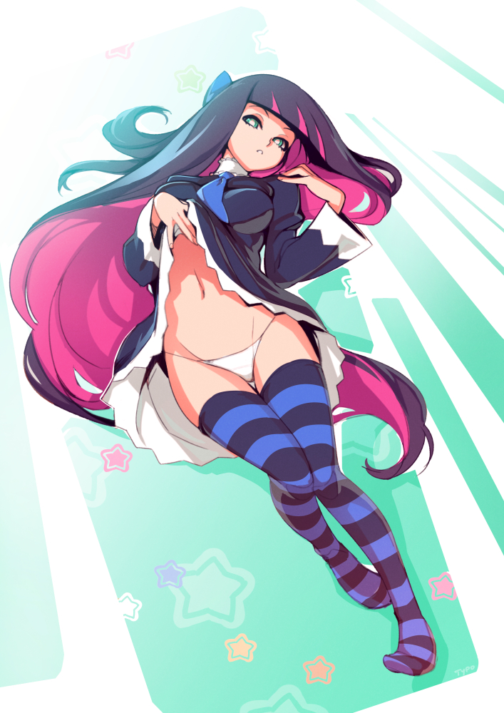 1girls, aqua eyes, black hair, breasts, dress, female, hair ornament, hairbow, long hair, navel, optionaltypo, panties, panty & stocking with garterbelt, pink hair, skirt, skirt lift, solo, stocking anarchy, striped legwear, thighhighs, thighs, two-tone hair, undressing, white panties