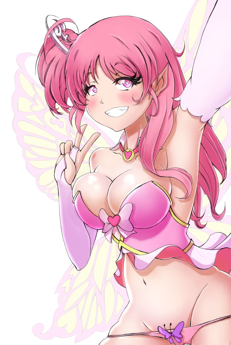 blush breasts cleavage detached_collar fairy fairy_wings female hair_ornament highres huniepop kyu_sugardust large_breasts long_hair looking_at_viewer panties pink_hair pink_panties short_twintails smile solo tied_hair twintails underwear wings