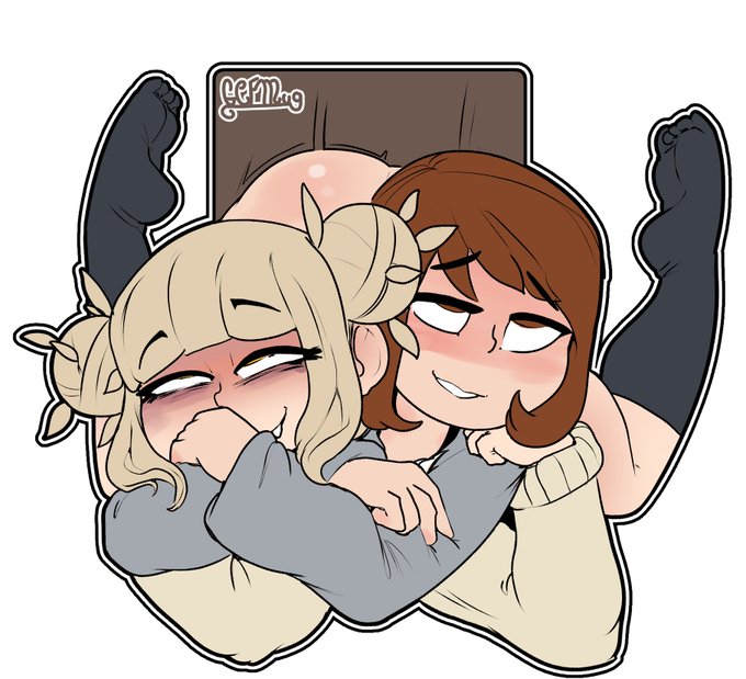 1futa, 1girls, blonde hair, eyes rolling back, female, from behind, futa on female, futanari, gcfmug, himiko toga, implied futa, implied sex, intersex, my hero academia, ochako uraraka, school uniform, tagme