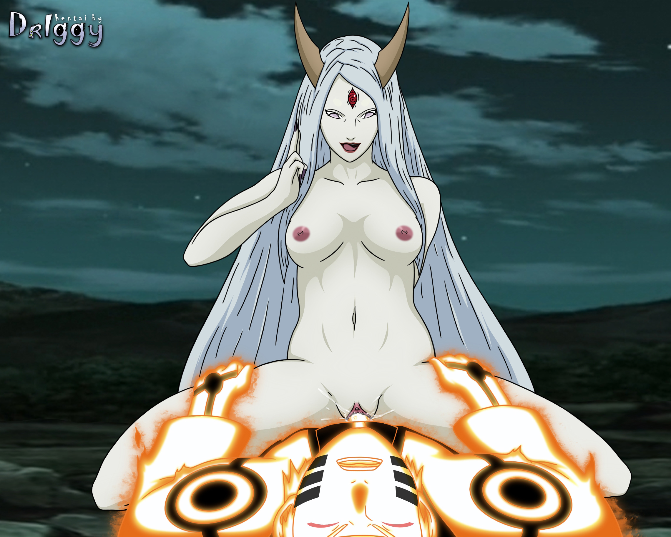 3 eyes, ancestor, ancestor and descendant, aura, black nails, breasts, byakugan, cowgirl position, dr iggy, female, gilf, glowing, goddess, horns, long hair, male, milf, multi eye, naruto, naruto (series), naruto shippuden, nipples, nude, open mouth, otsutsuki kaguya, outdoors, penis, pussy, rinne sharingan, sex, spread legs, uzumaki naruto, vaginal penetration, white hair