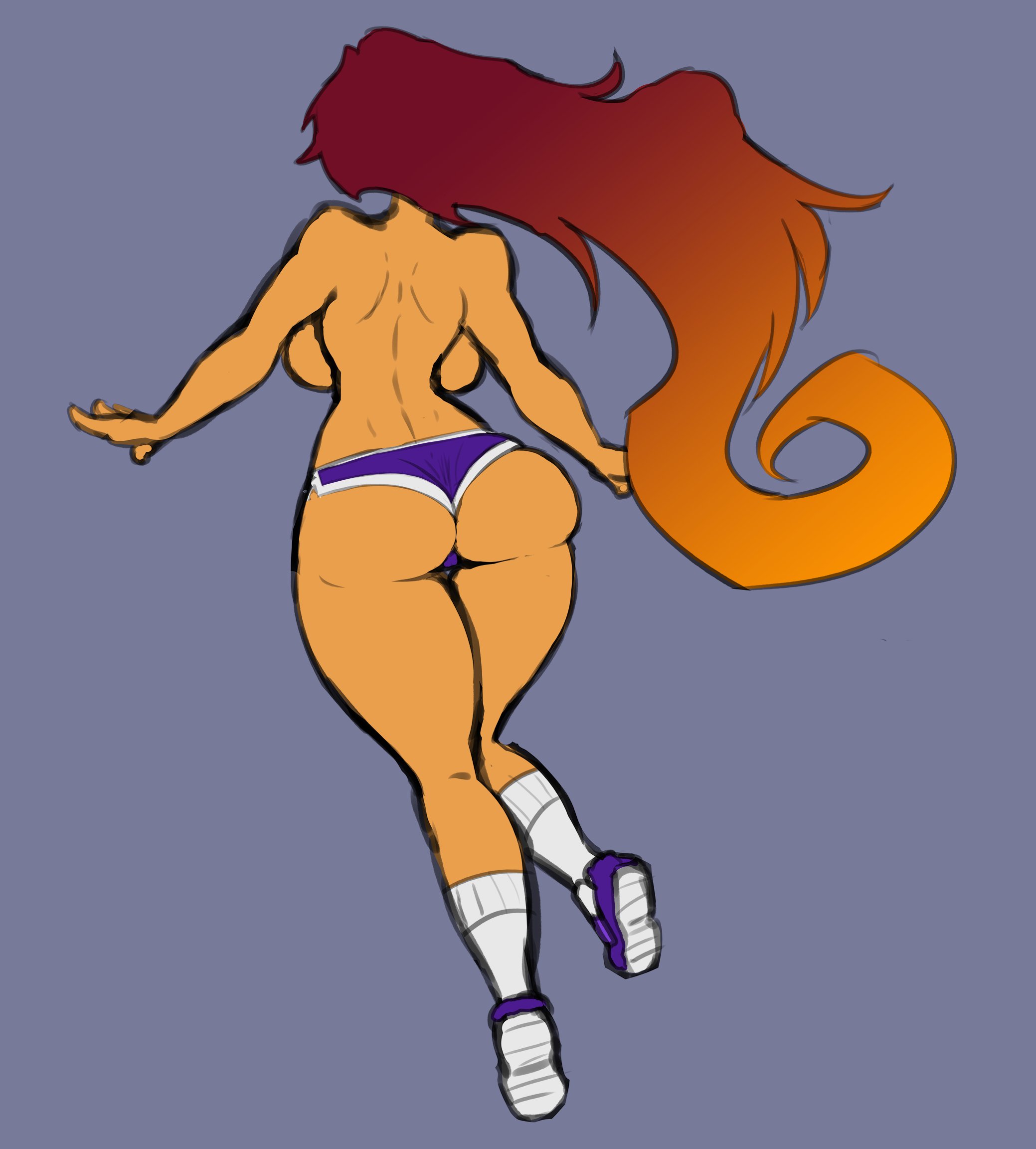 1girls, ass, ass hanging out of shorts, athletic, athletic female, back, back view, big ass, big breasts, big butt, breasts, curvaceous, curvy, curvy female, curvy figure, dc, dc comics, fat ass, favorite, female, female focus, female only, floating, flying, hi res, highres, hourglass figure, koriand'r, legs, long hair, orange skin, red hair, shoes, short shorts, shorts, simple background, sketch, socks, solo, solo female, starfire, superheroine, tamaranean, teen titans, thick thighs, thighs, thong, topless, wide hips, xelsword