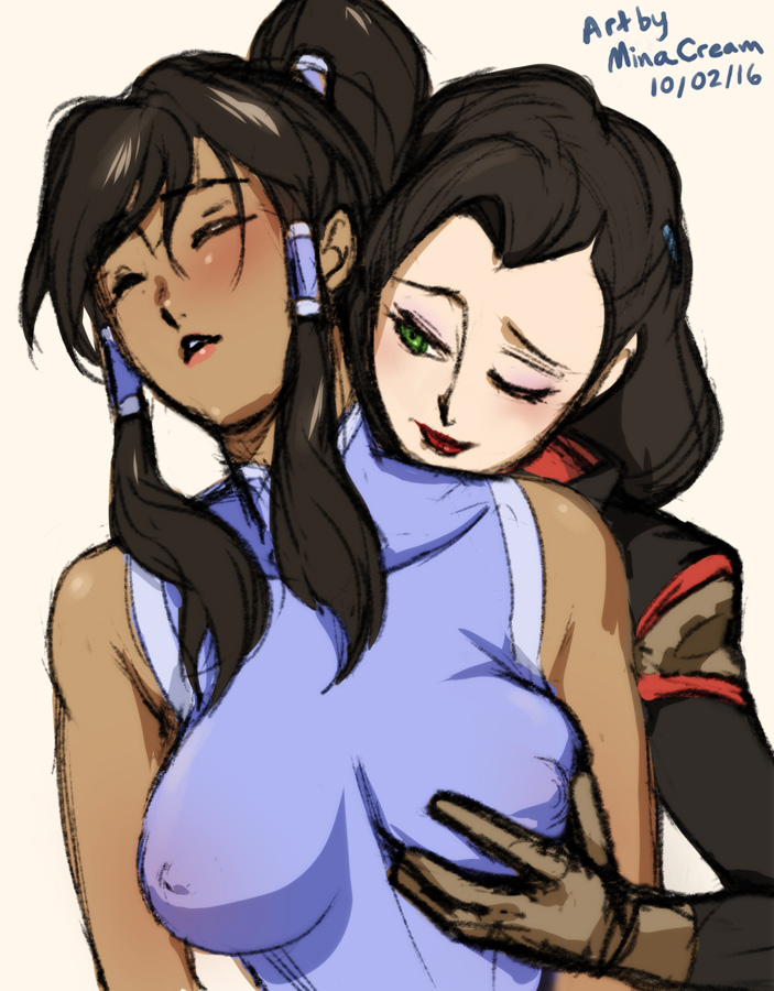 2girls, asami sato, avatar legends, breast grab, breast grope, breasts, canon couple, clothing, dark skin, dark-skinned female, duo, erect nipples, erect nipples under clothes, female, female only, interracial, korra, large breasts, minacream, nipples, the avatar, the legend of korra, water tribe, yuri
