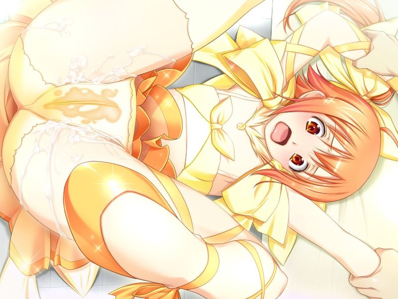 after_sex ail_soft andou_mio arms_up blush cameltoe crop_top cum cum_in_pussy cum_on_clothes cum_on_lower_body female game_cg hair_ornament hairbow humiliation kyouhaku_3 legs_up magical_girl midriff open_mouth orange_eyes orange_hair panties pleated_skirt ponytail restrained ribahara_aki skirt small_breasts solo spread_legs tied_hair tongue yellow_bow yellow_panties