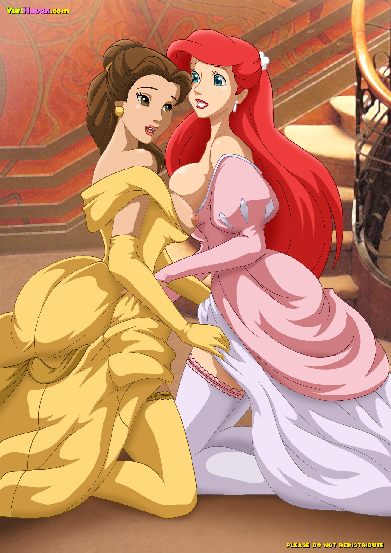 2girls, areola, ariel (the little mermaid), beauty and the beast (1991 film), belle (beauty and the beast), blue eyes, breast press, breasts, brown eyes, brown hair, brunette, clothes, crossover, disney, disney princess, dress, elbow gloves, exposed breasts, eyelashes, female, female only, gloves, large breasts, legs, long hair, multiple females, multiple girls, mutual masturbation, nipples, pink dress, red hair, stockings, the little mermaid (1989 film), thighhighs, thighs, voluptuous, yellow dress, yuri, yurihaven.com