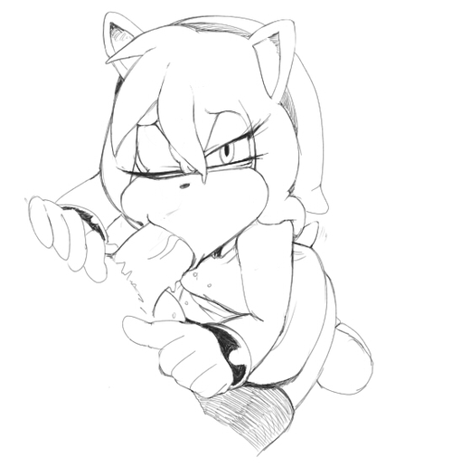amy rose, balls, bangs, disembodied penis, eyelashes, female, gloves, hairband, hedgehog, looking at viewer, looking up, male, monochrome, mrpotatoparty, one eye closed, oral, penis, ringlets, saliva drip, sega, sketch, sonic (series), sonic the hedgehog (series), tailwag, thighhighs