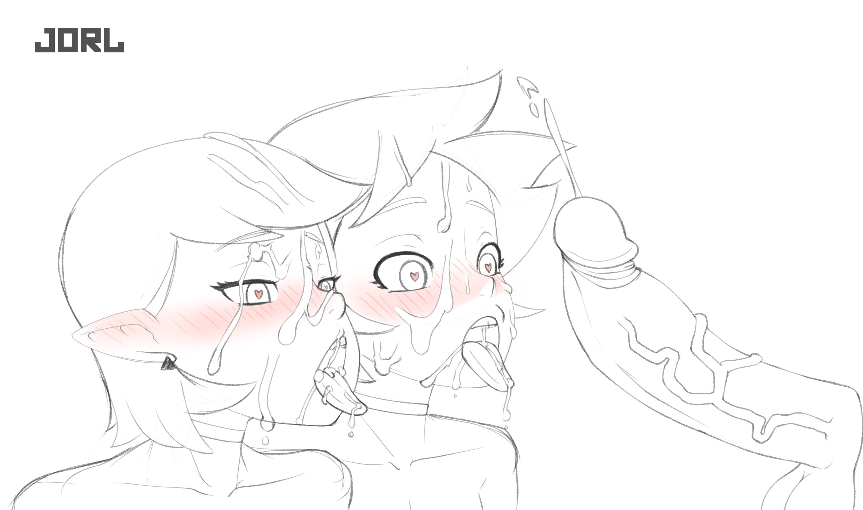 1boy, 2girls, ahe gao, ahegao, ahegao face, amity blight, big penis, bisexual couple, blowjob, blush, canon couple, collar, cum, cum in mouth, cum on face, cumshot, eating cum, erection, eyaculation, female, glans, heart, heart eyes, hunter (the owl house), jorl, latina, lesbian, luz noceda, male, monochrome, multiple girls, nude, nude female, orientation play, penis, pleasure face, sketch, submissive couple, the owl house, threesome, tongue, tongue out