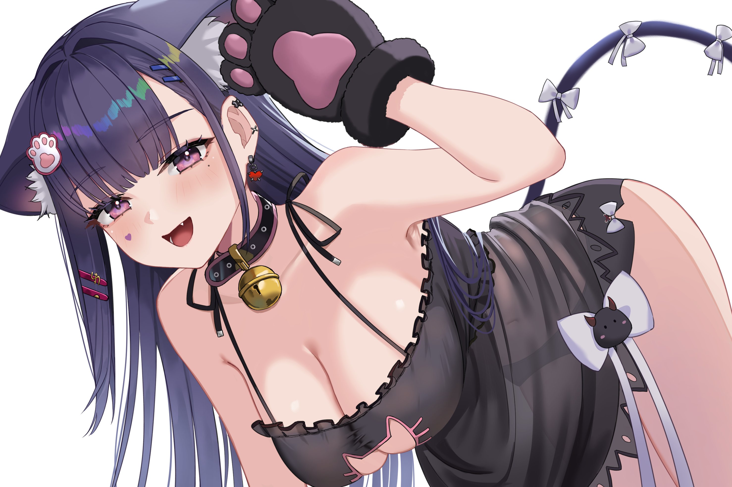 1girls, akuma nihmune, akuma nihmune (nyami), animal ears, animal hands, bell, big breasts, black panties, breasts, cat ears, cat girl, cat tail, cleavage, cleavage cutout, clothing cutout, collar, earrings, facial mark, female, frills, gloves, hair ornament, heart, heart facial mark, highres, huge breasts, indie virtual youtuber, jewelry, jingle bell, kuwahara taiki, large breasts, long hair, looking at viewer, massive breasts, navel, nightgown, oerba yun fang, open mouth, panties, paw gloves, paw hair ornament, purple eyes, purple hair, see-through clothes, smile, tail, thighs, underwear, virtual youtuber, vtuber